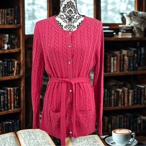 Eddie Bauer Preppy Pink Cable Cotton Blend Knit Sweater Wrap with Tie Waist